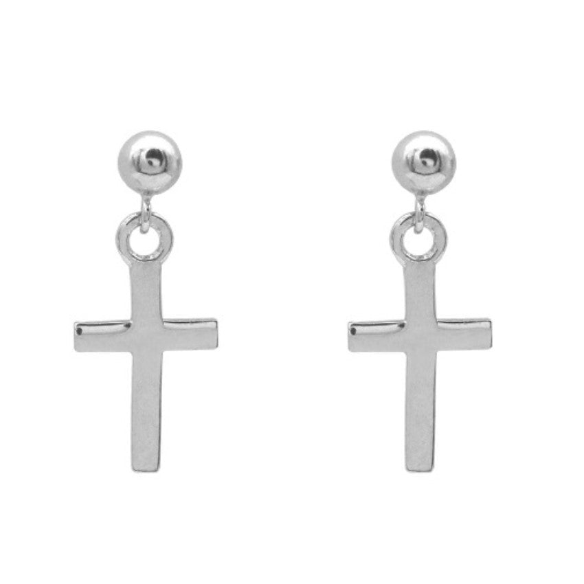 Sterling Silver Rhodium Plated Cross Drop Earrings