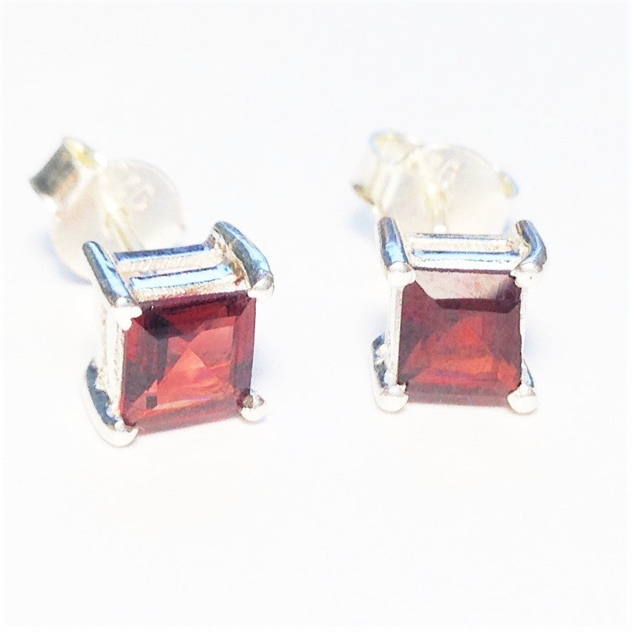 Sterling Silver Square Garnet Studs