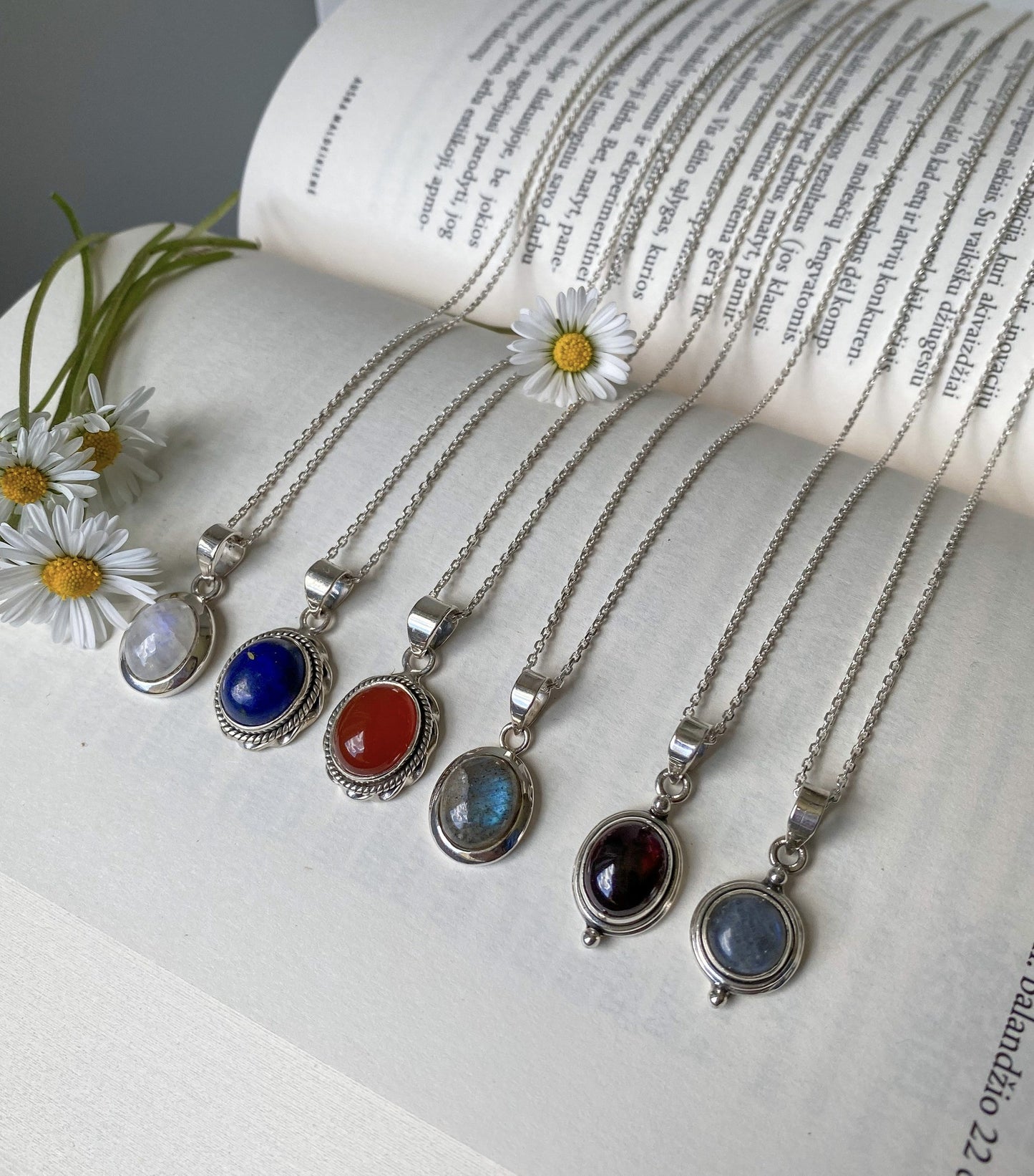 Sidabrinis pakabukas su apvaliu labradorito akmeniu ir grandinėle