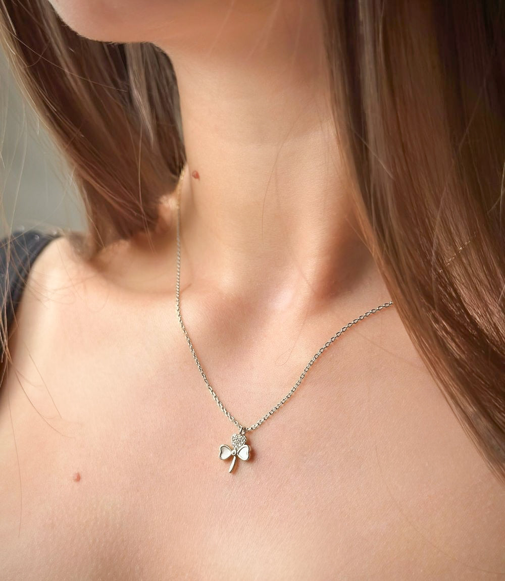 Sterling Silver Rhodium Plated CZ Clover Necklace