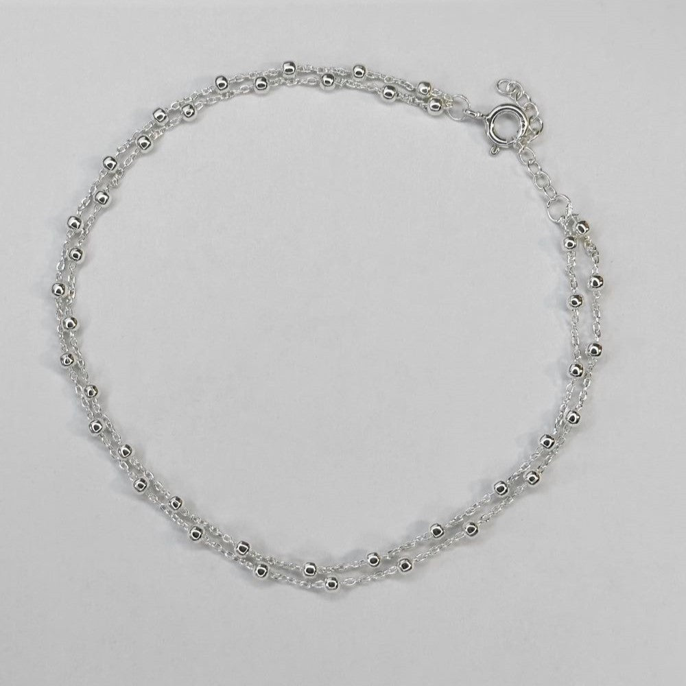 Sterling Silver Beaded Double Chain Anklet