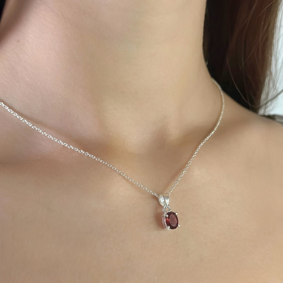Sterling Silver Oval Garnet Pendant Necklace