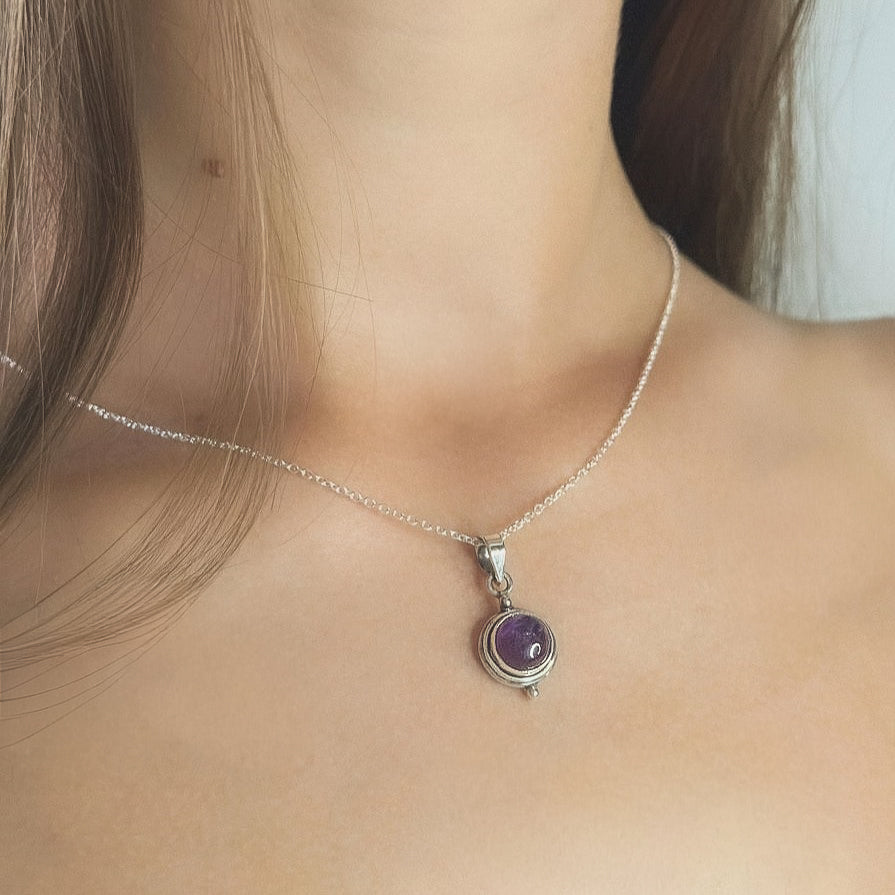 Sterling Silver Round Amethyst Pendant Necklace