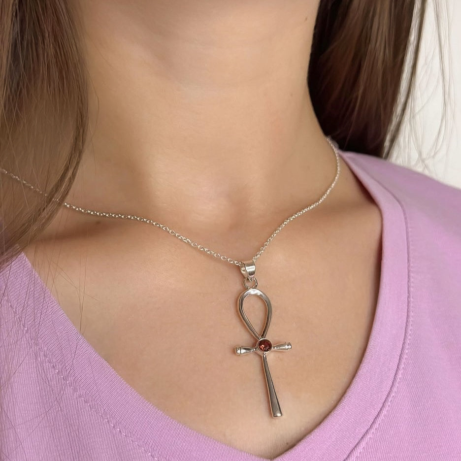 Sterling Silver Garnet Cross Necklace