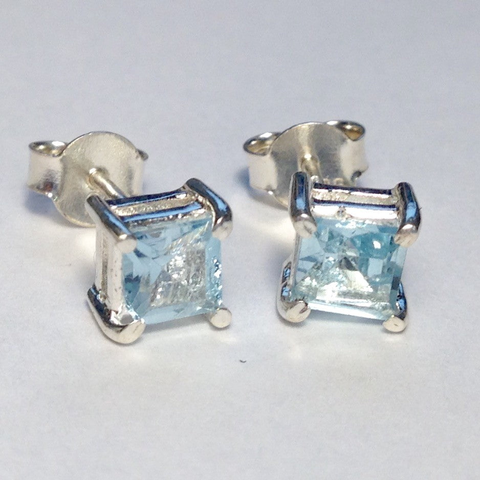 Sterling Silver Square Blue Topaz Studs