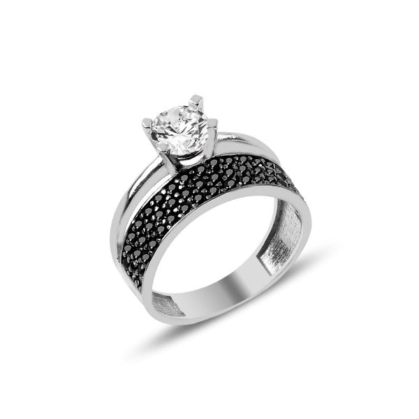Sterling Silver Rhodium Plated Three Row CZ Band Ring