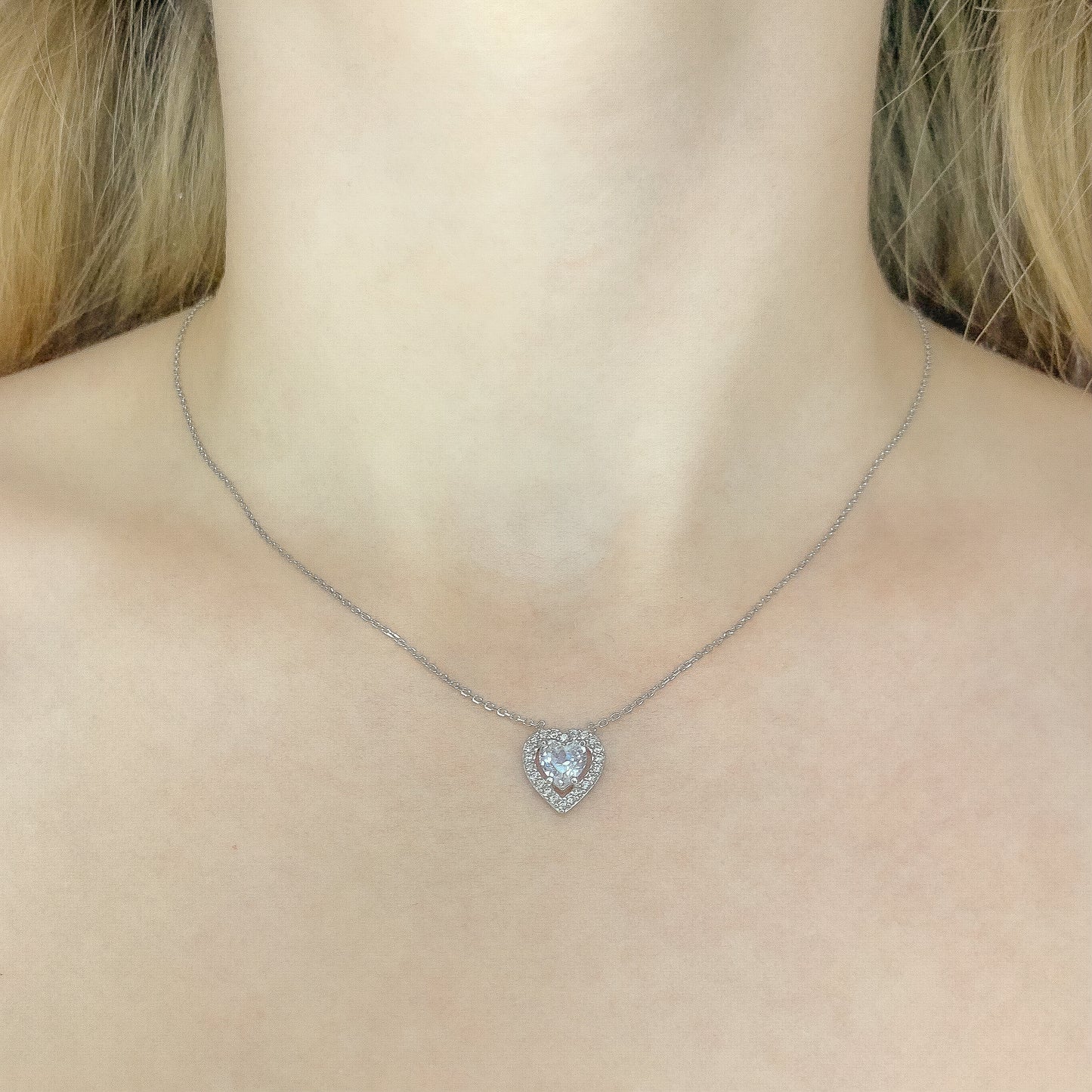 Sterling Silver Rhodium Plated CZ Heart Necklace