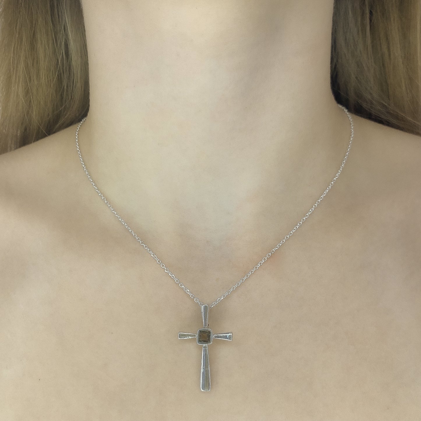 Sterling Silver Smoky Quartz Cross Pendant Necklace