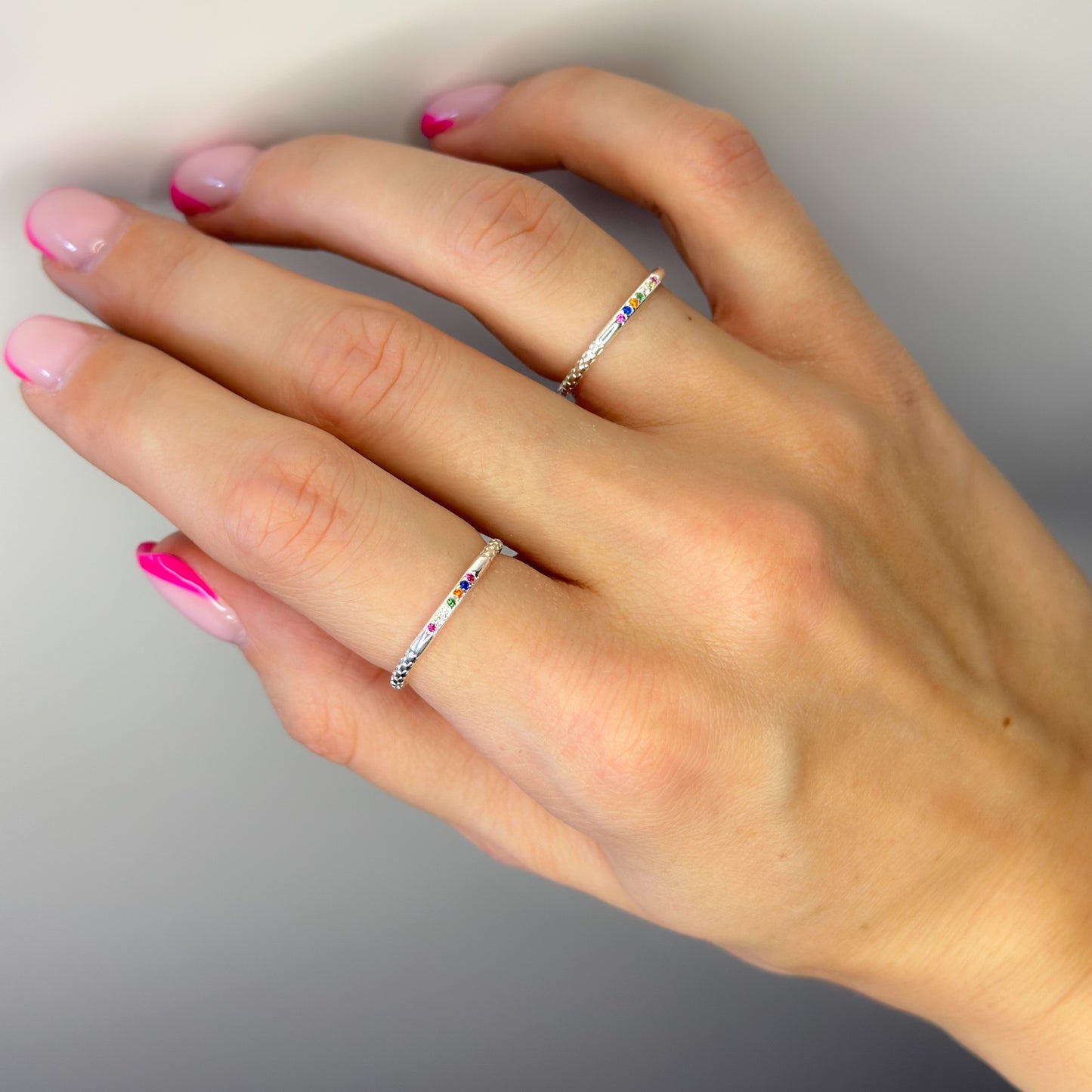 Sterling Silver Rhodium Plated CZ Rainbow Ring