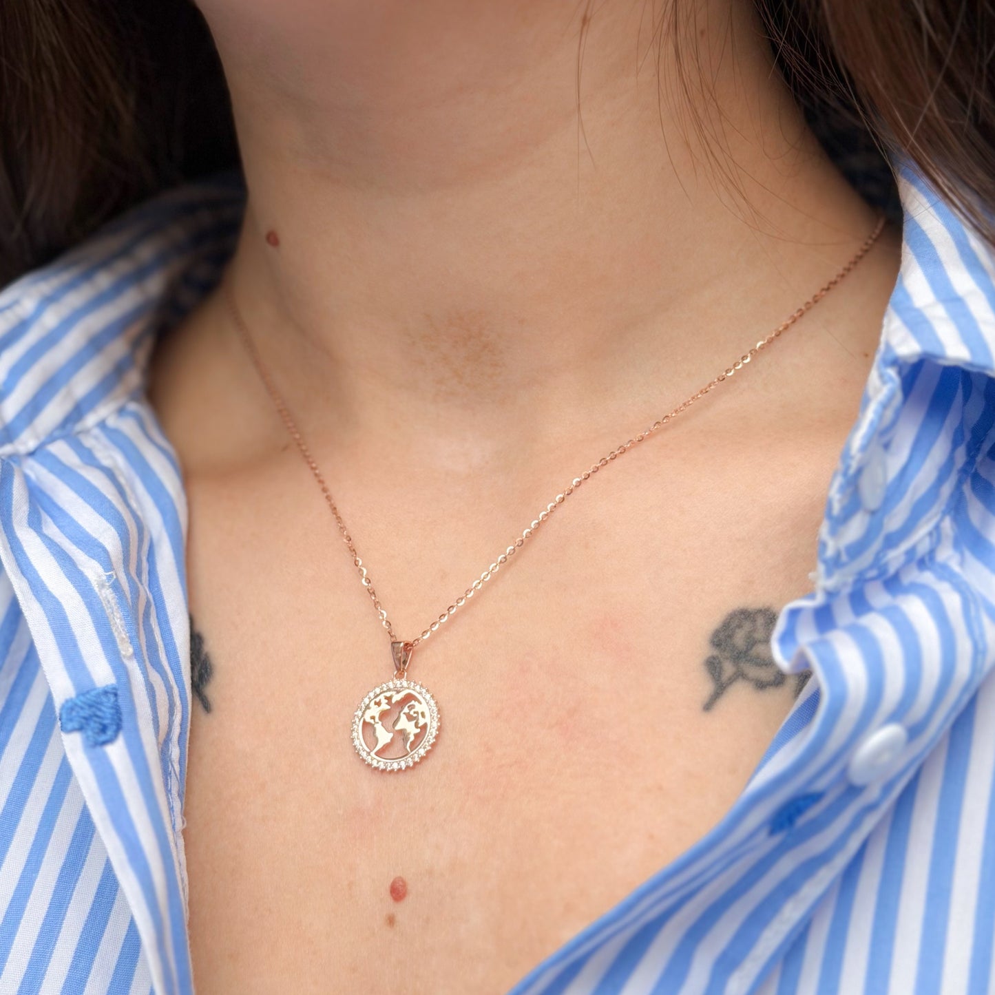Sterling Silver Rose Gold Plated World Map Necklace