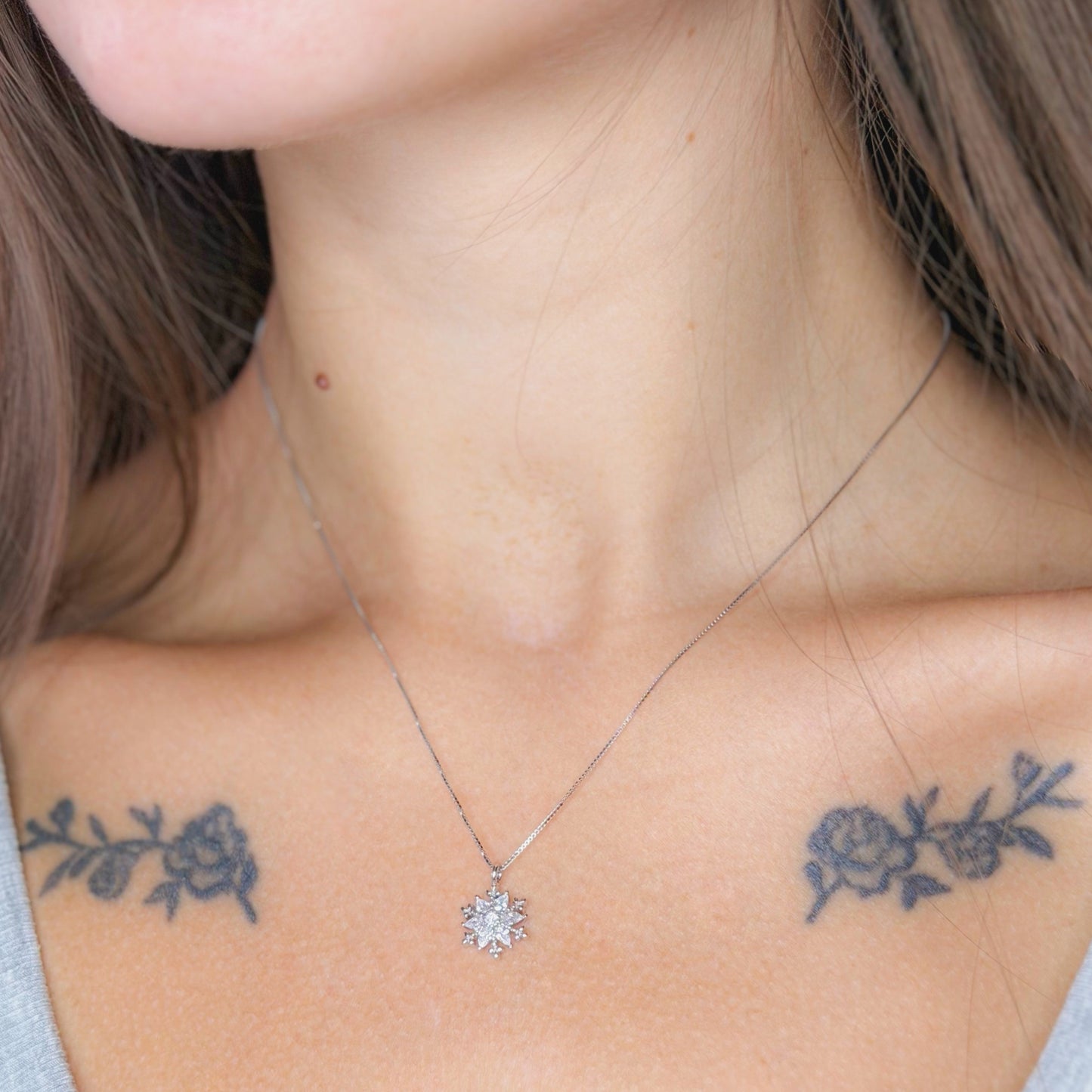 Sterling Silver Rhodium Plated CZ Flower Necklace