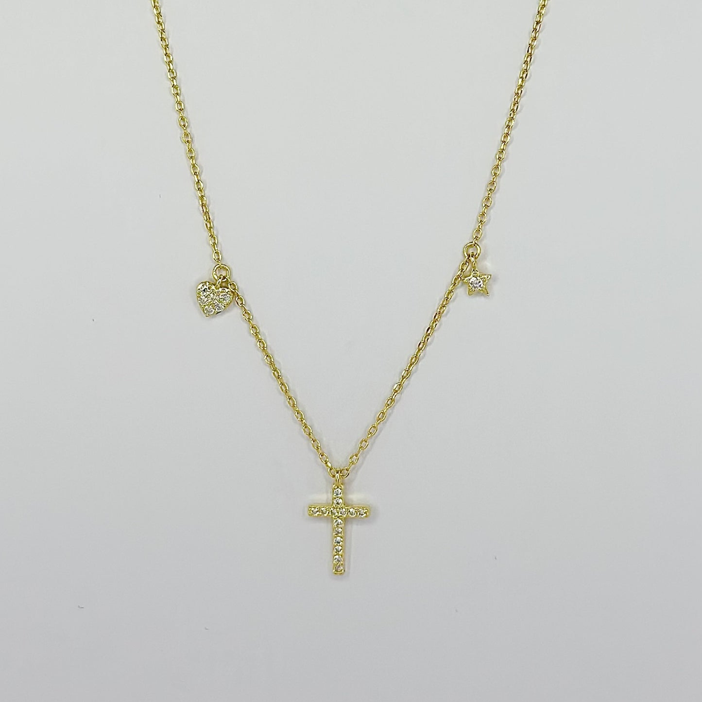 Sidabrinis auksuotas kryželis su cirkoniais ir grandinėle