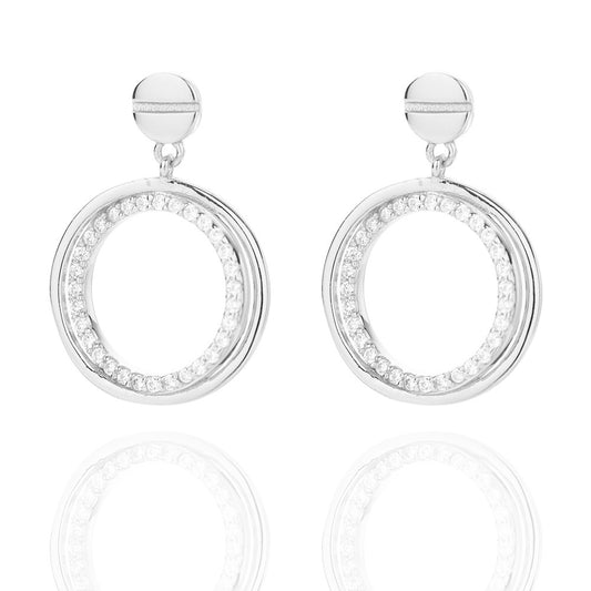 Sterling Silver Rhodium Plated Round CZ Drop Earrings