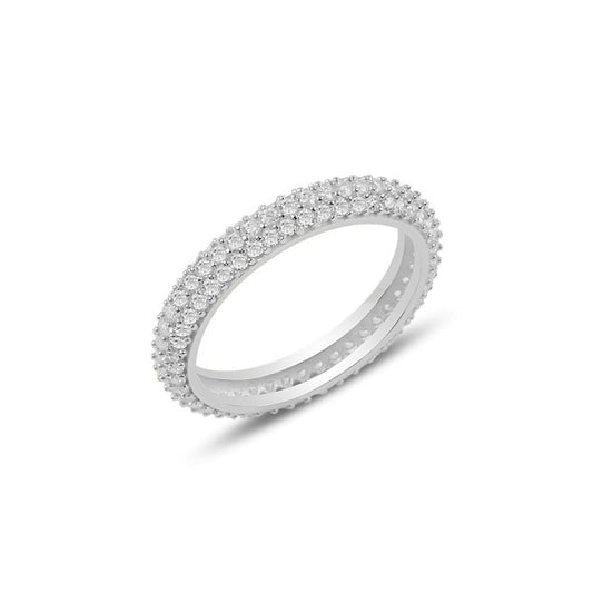 Silver Rhodium Plated Three Row CZ Band Ring