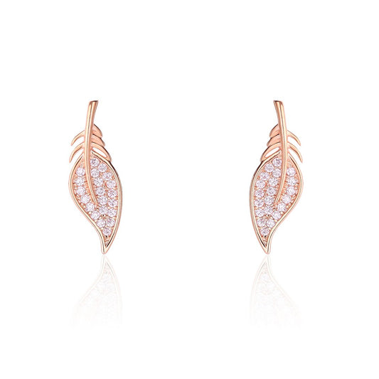 Sterling Silver Rose Gold Plated CZ Feather Studs