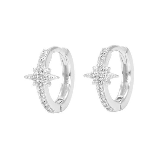 Sterling Silver Rhodium Plated CZ Star Hoops