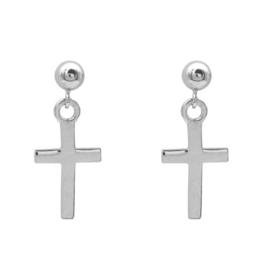 Sterling Silver Rhodium Plated Cross Drop Earrings