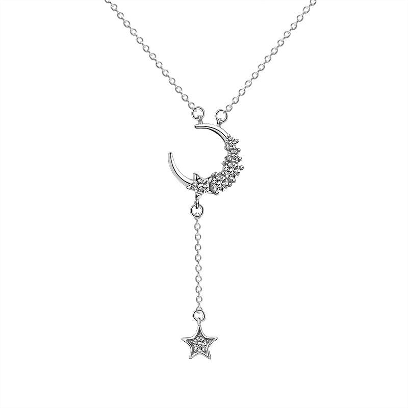 Sterling Silver Rhodium Plated CZ Moon Necklace