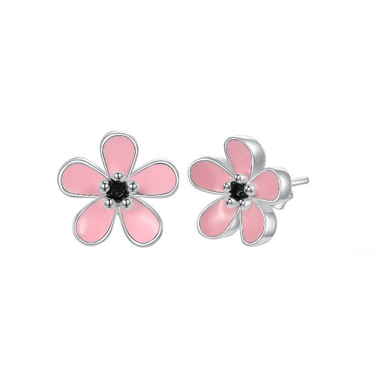 Sterling Silver Rhodium Plated Enamel Flower Studs