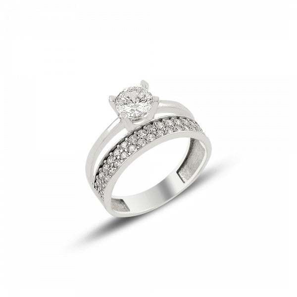 Silver Rhodium Plated Double Row CZ Band Ring