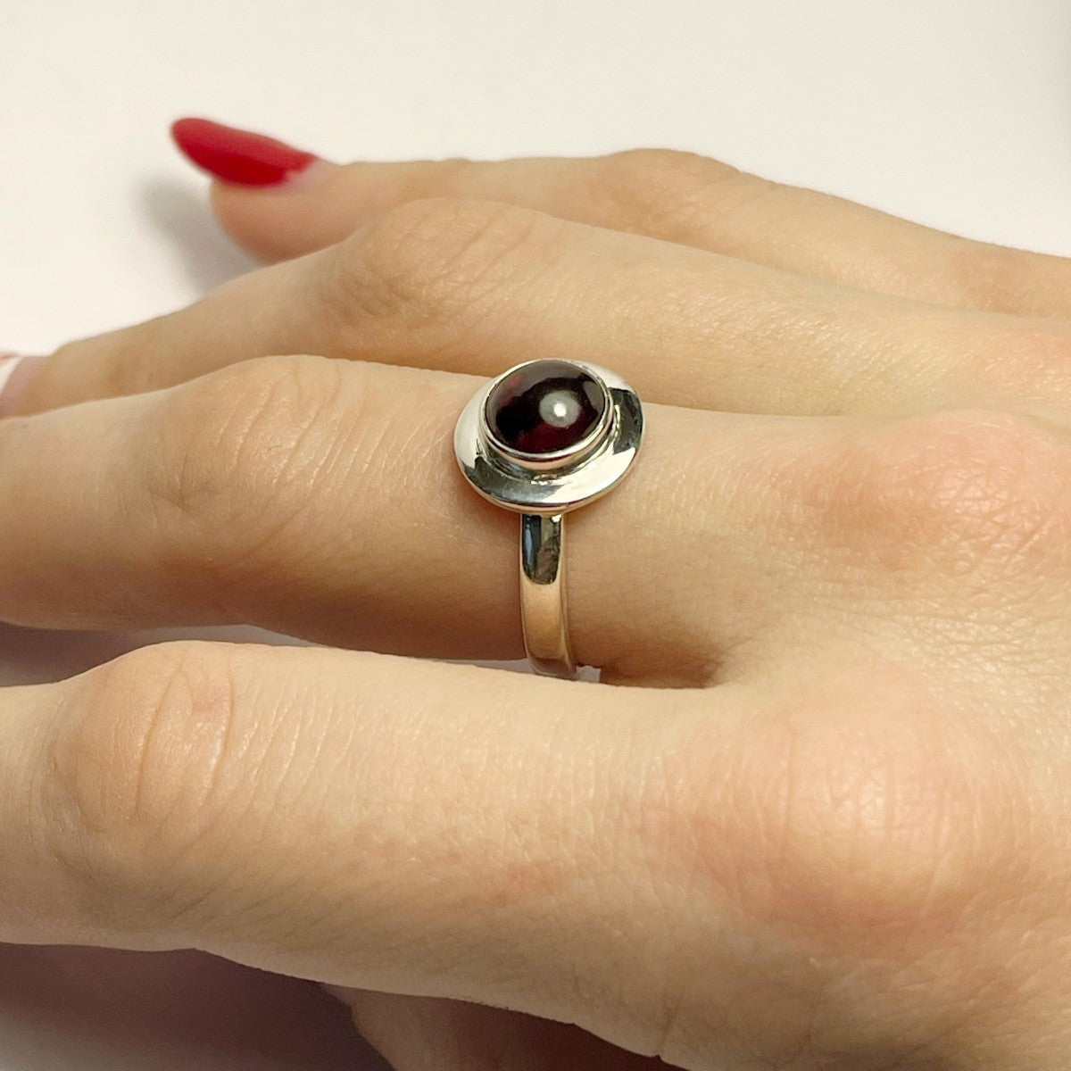 Sterling Silver Round Garnet Ring