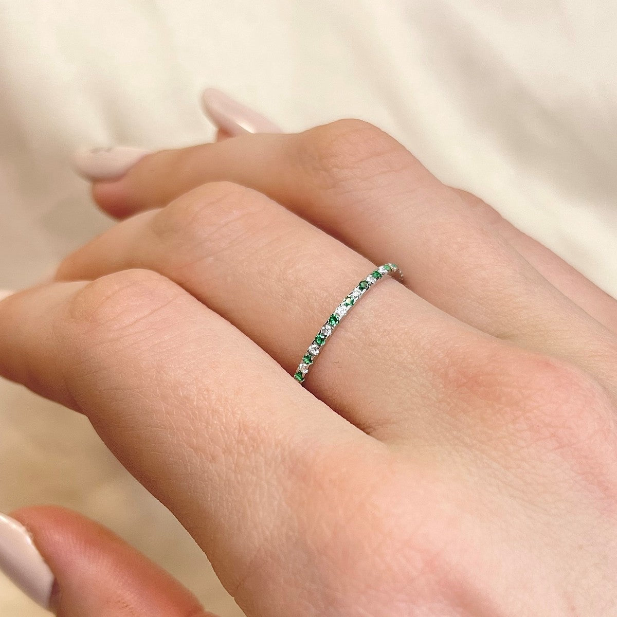 Sterling Silver Green & Clear CZ Band Ring