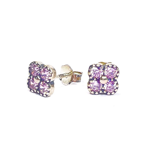 Sterling Silver Rhodium Plated CZ Flower Studs