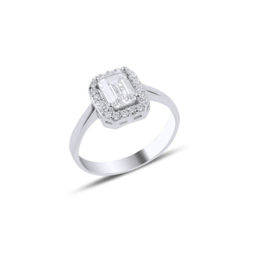 Sterling Silver Rhodium Plated Rectangle CZ Ring