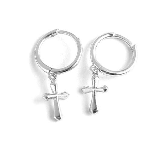 Sterling Silver Rhodium Plated Hoops with Cross Charms