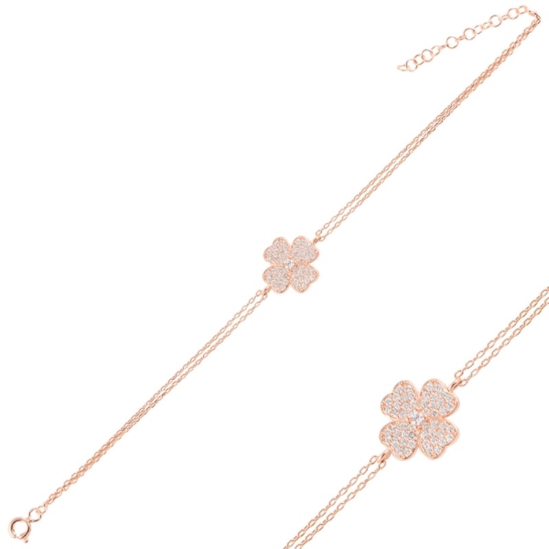 Sterling Silver Rose Gold Plated CZ Clover Bracelet