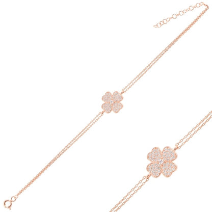 Sterling Silver Rose Gold Plated CZ Clover Bracelet