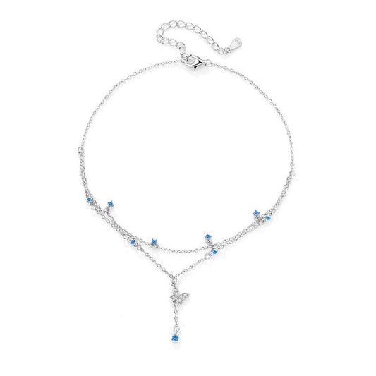 Sterling Silver Rhodium Plated Butterfly Anklet