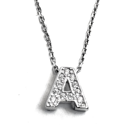 Sterling Silver Rhodium Plated CZ Letter Necklace