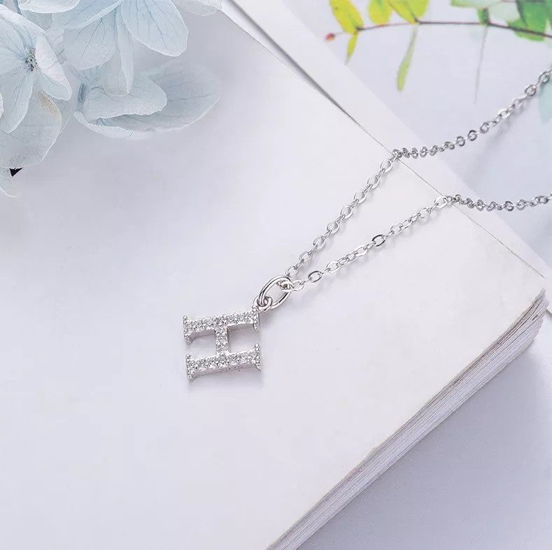 Sterling Silver Rhodium Plated CZ Letter Necklace