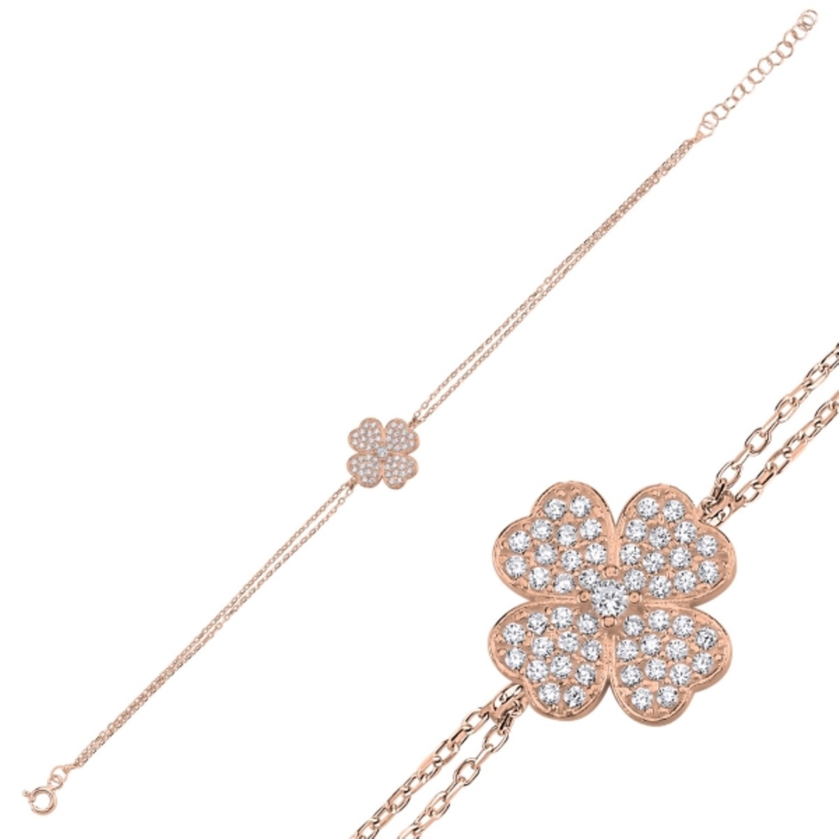 Sterling Silver Rose Gold Plated CZ Clover Bracelet