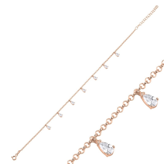 Sterling Silver Rose Gold Plated Teardrop CZ Anklet