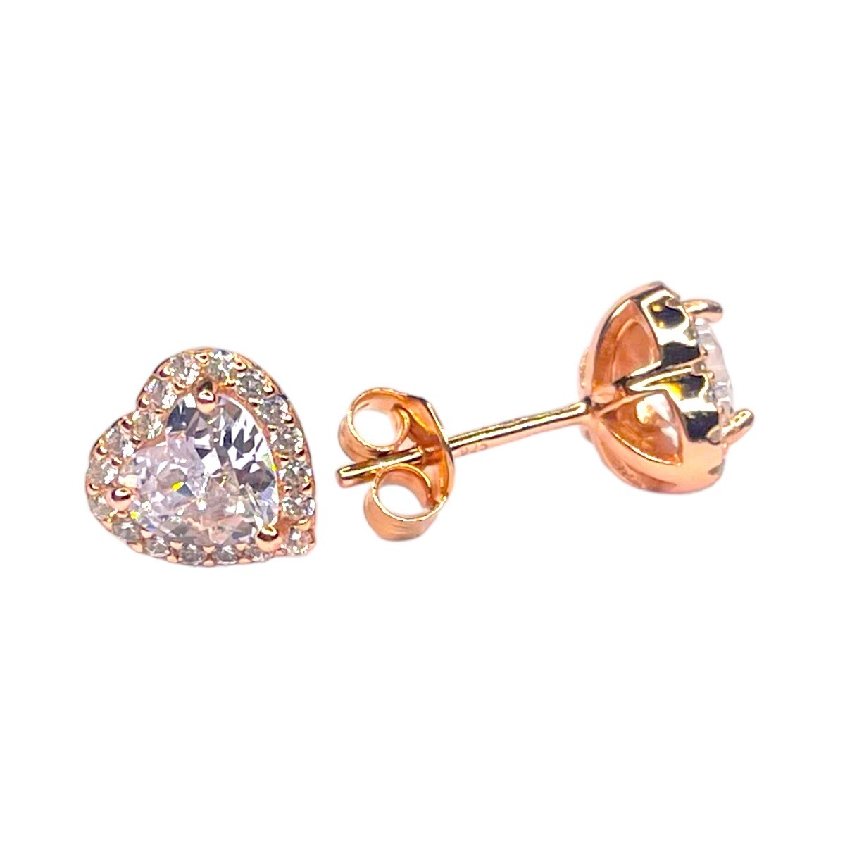 Sterling Silver Rose Gold Plated CZ Heart Studs