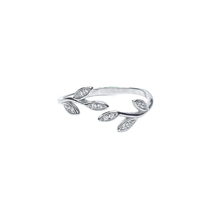 Sterling Silver Rhodium Plated CZ Leaf Ring