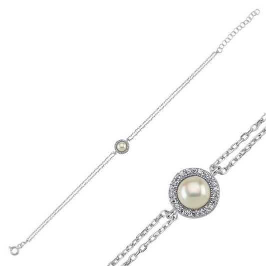 Sterling Silver Rhodium Plated Pearl & CZ Bracelet