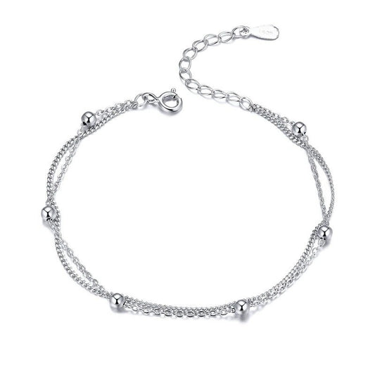 Sterling Silver Beaded Double Chain Anklet