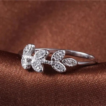 Sterling Silver Rhodium Plated CZ Leaf Ring