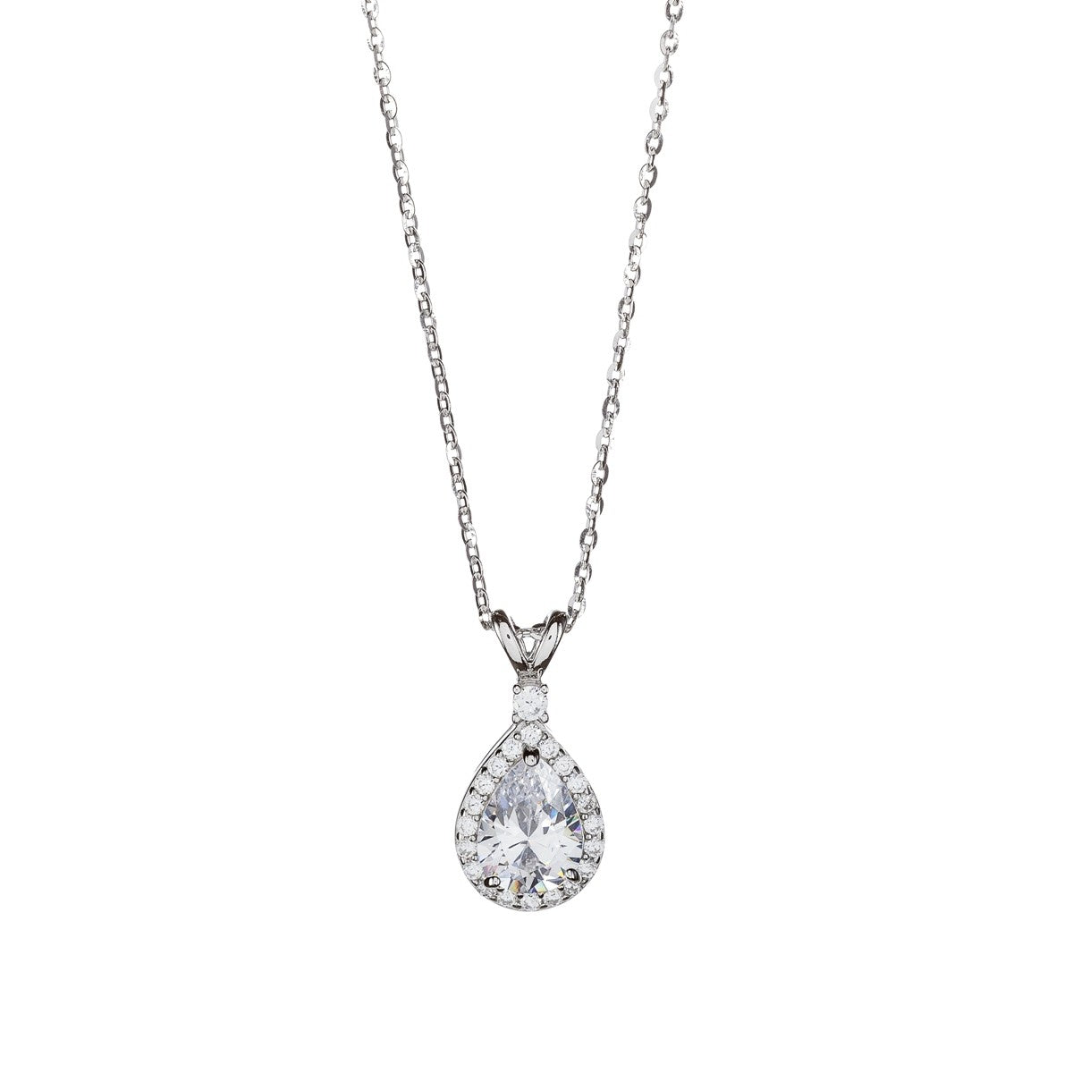 Sterling Silver Rhodium Plated CZ Teardrop Necklace