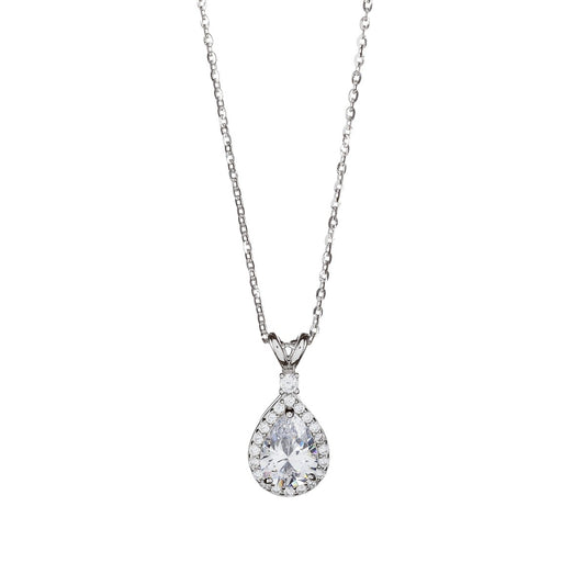 Sterling Silver Rhodium Plated CZ Teardrop Necklace