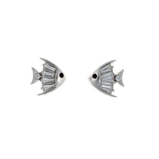 Sterling Silver Rhodium Plated CZ Fish Studs