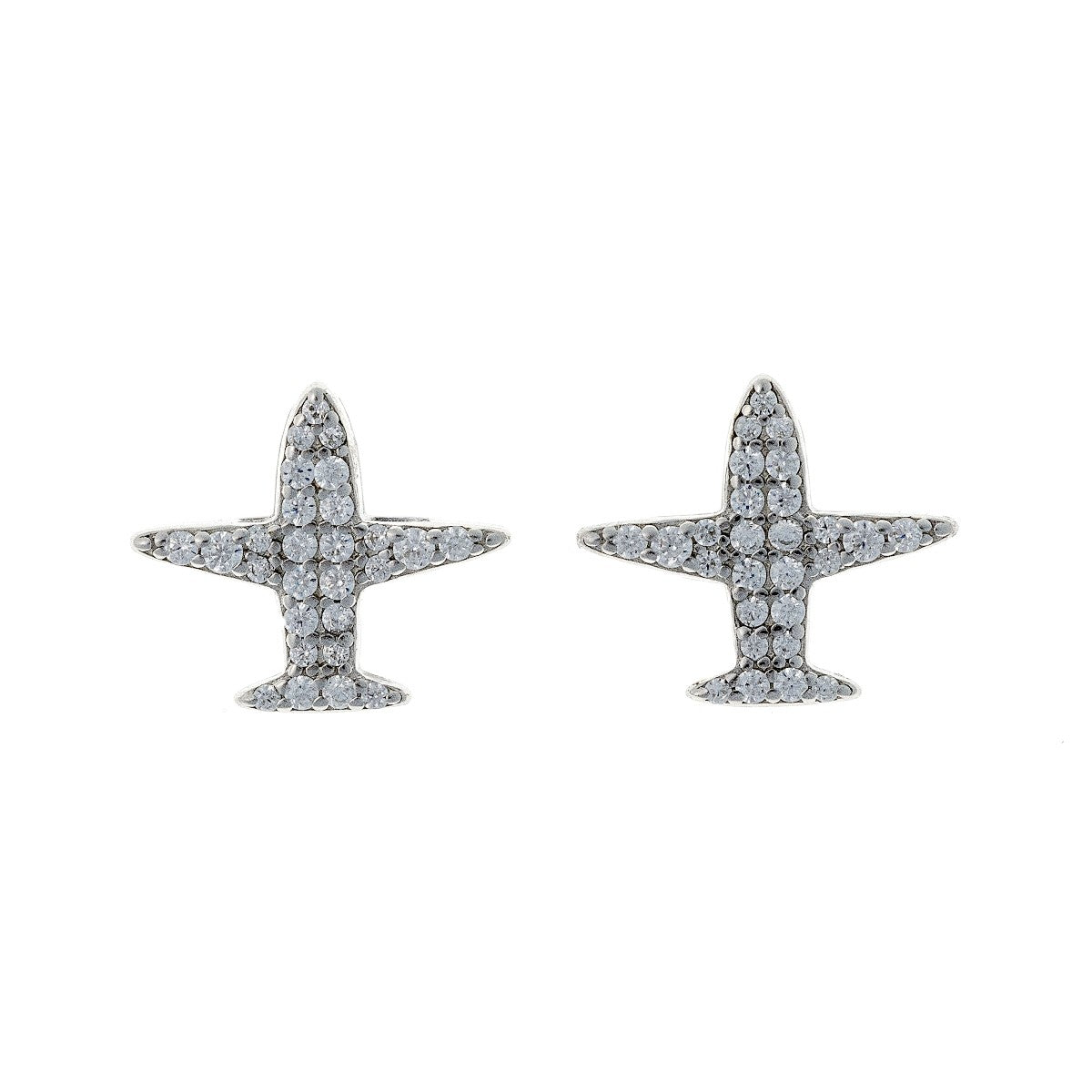 Sterling Silver Rhodium Plated CZ Plane Studs