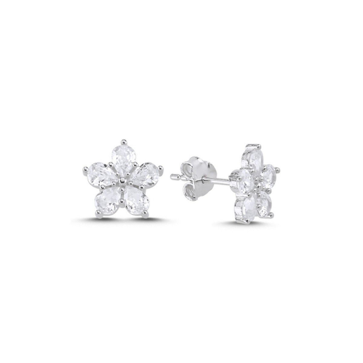 Sterling Silver Rhodium Plated CZ Flower Studs