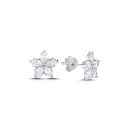 Sterling Silver Rhodium Plated CZ Flower Studs