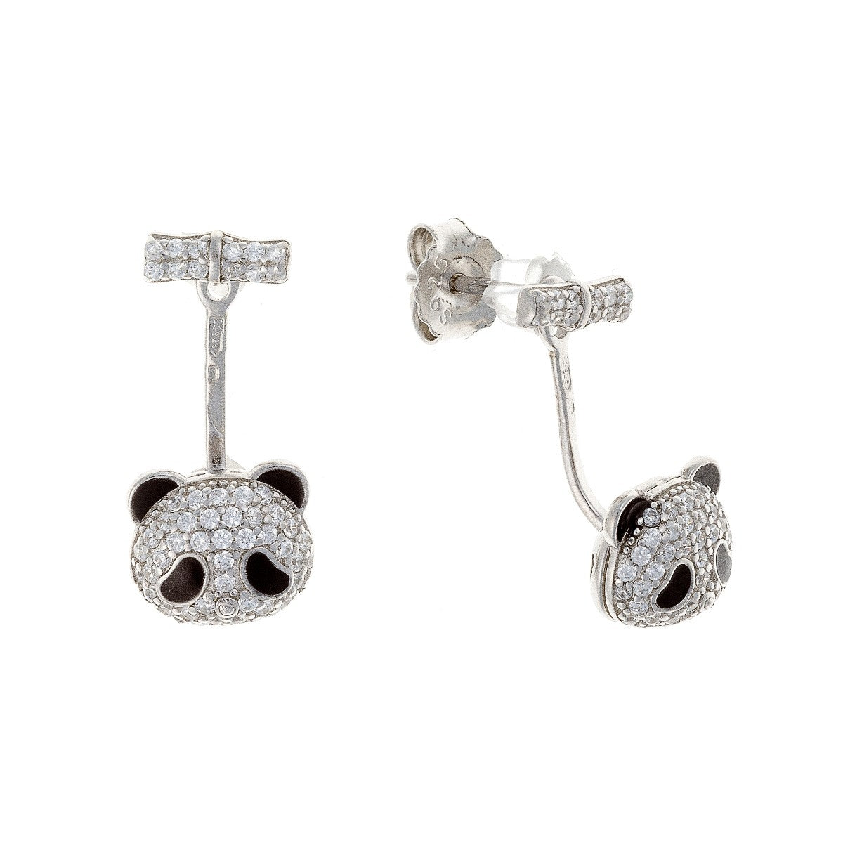 Sterling Silver Rhodium Plated CZ Panda Stud Earrings