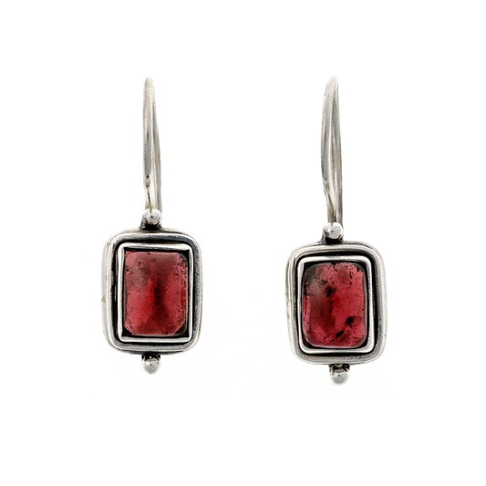 Sterling Silver Rectangle Garnet Drop Earrings