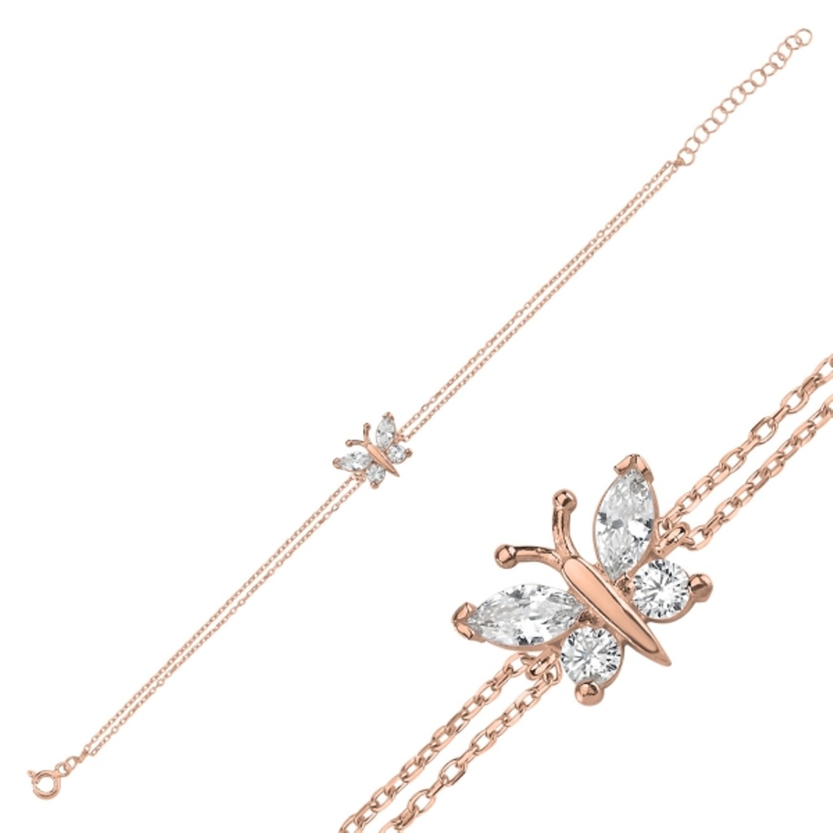 Sterling Silver Rose Gold Plated CZ Butterfly Bracelet